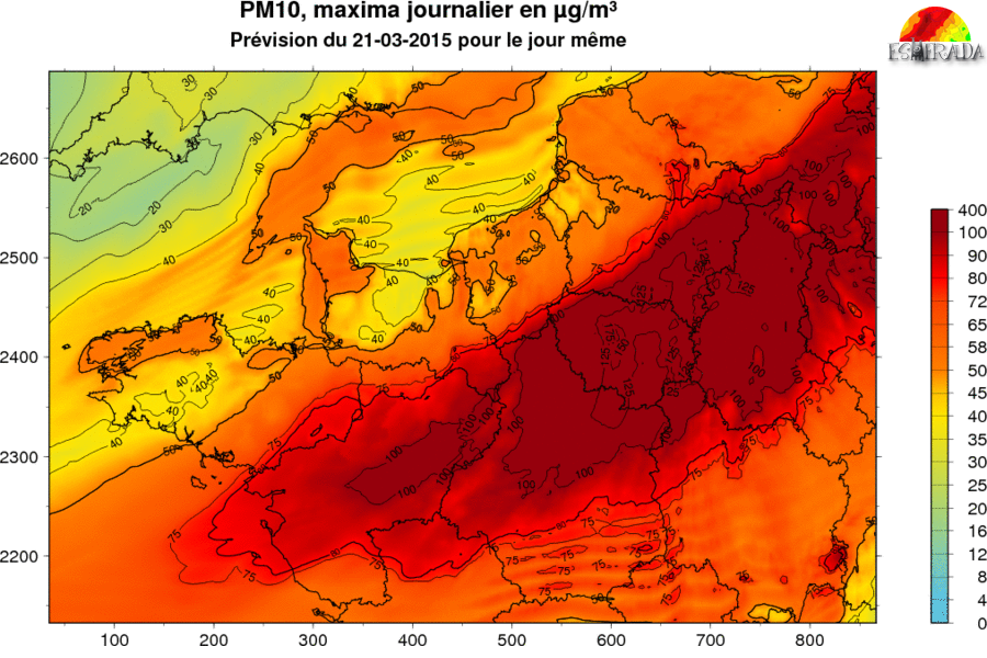 Carte de prévision 21 mars des teneurs maximales de particules PM10